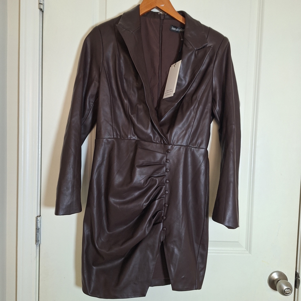 Lavish Alice Leather Dark Brown Blazer Mini Dress Size 8